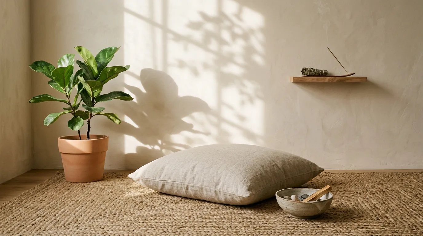 Espace de méditation apaisant à la maison pour pratiquer un rituel Ondaïa de 10, 20 ou 30 minutes en écoutant des musiques méditatives