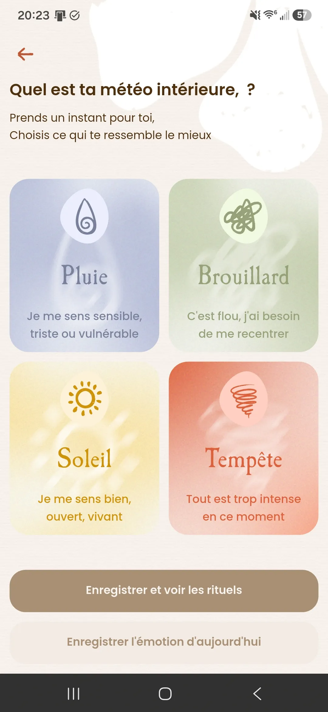 Interface de l'application Ondaïa : écran d'accueil de sélection de la météo intérieure du jour et des rituels de 10, 20 ou 30 minutes