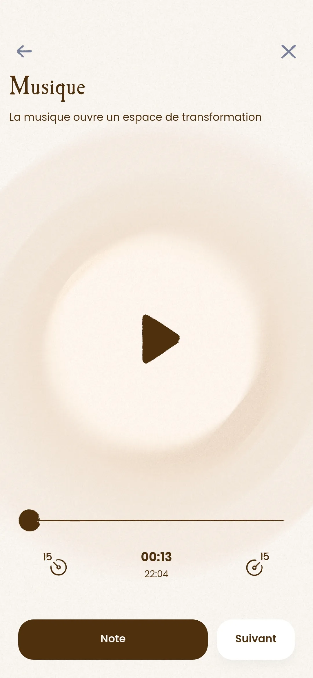 Interface du lecteur audio Ondaïa diffusant les musiques méditatives originales de Qaâme et guidances vocales