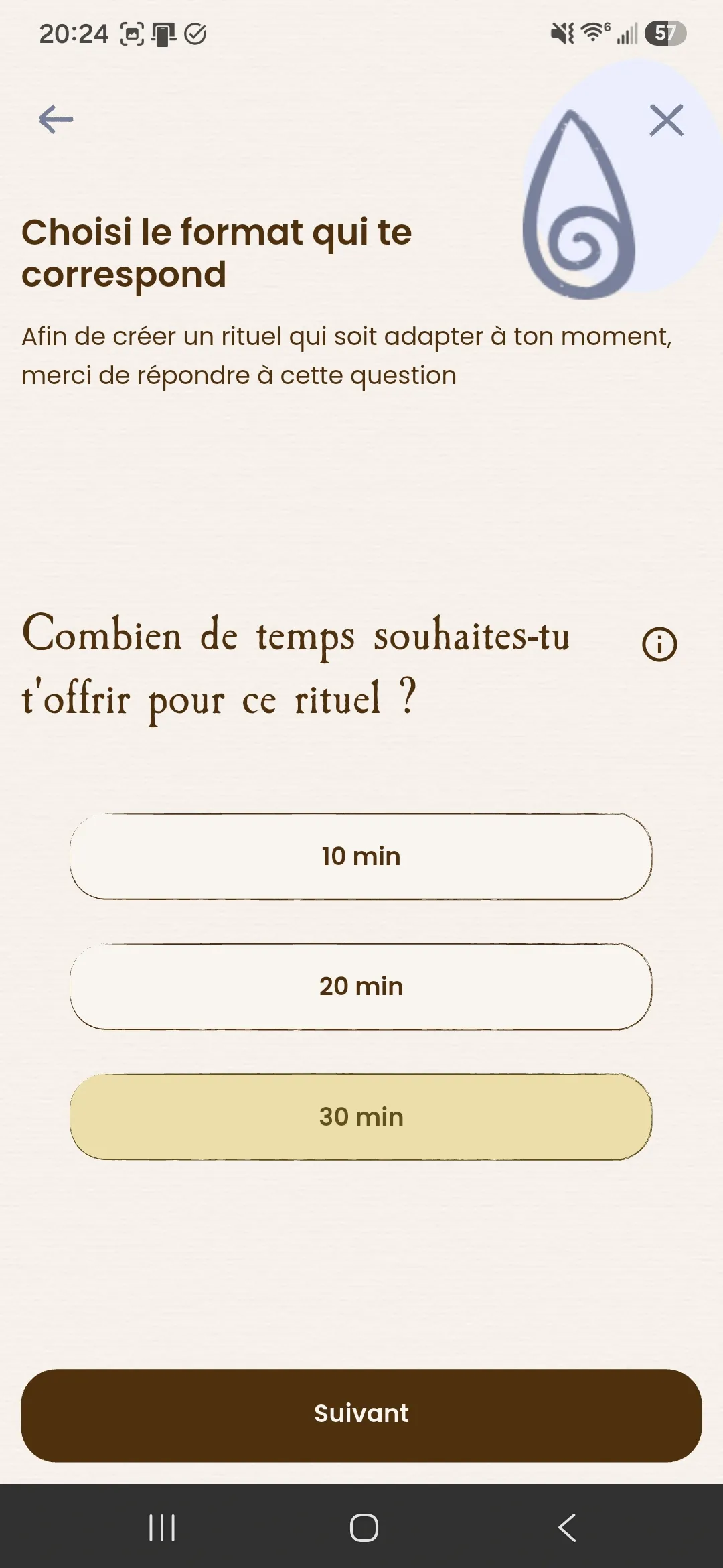 Interface de l'application Ondaïa : écran de sélection des rituels sur-mesure de 10, 20 ou 30 minutes selon ta météo intérieure